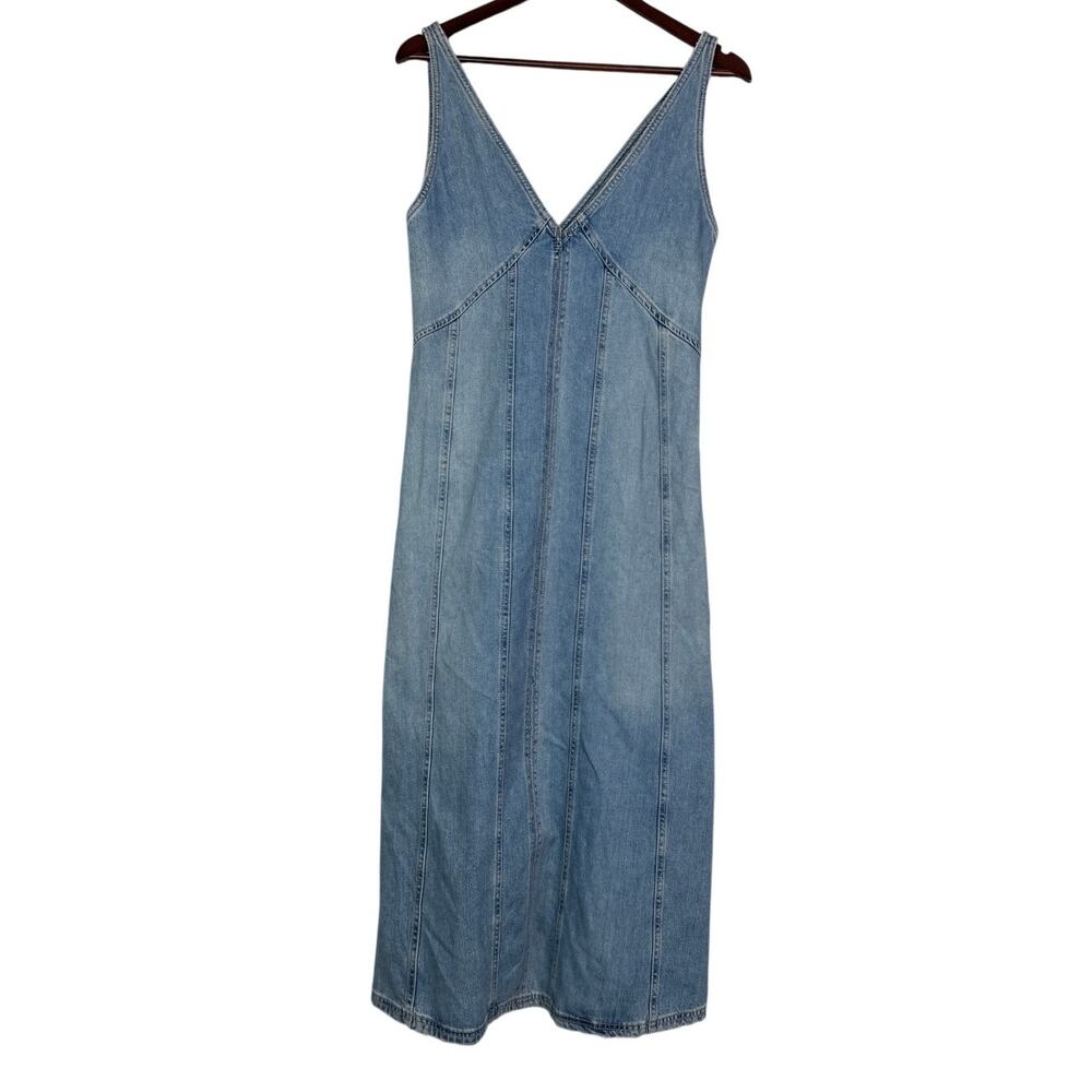 Zara Oversized Denim Seamed V Neck Sleeveless Midi Dress Side Zip Up S Blue Wash - Picture 2 of 16